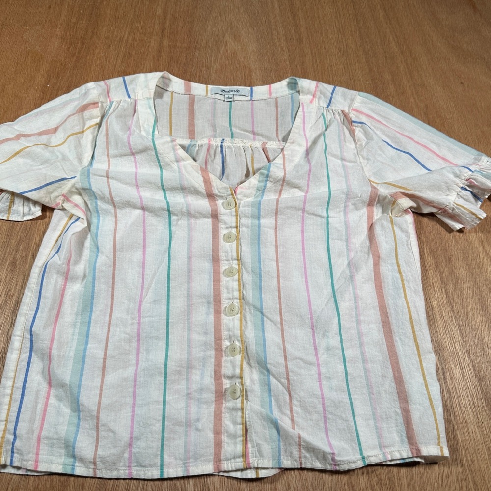 Madewell Womens Small Sheer Stripe Cotton Blouse Short Sleeve Button Front